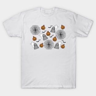 Cobwebs, Bats, Pumpkins, and Ghosts Halloween Doodle Pattern, made by EndlessEmporium T-Shirt